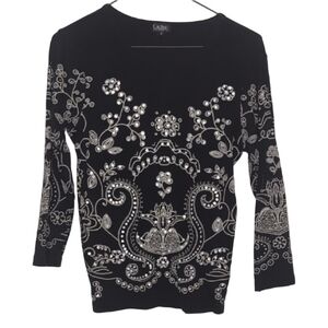 Vintage Cactus Clothing Womens Small Black 3/4 Length Sleeve Pattern Cotton‎ Tee